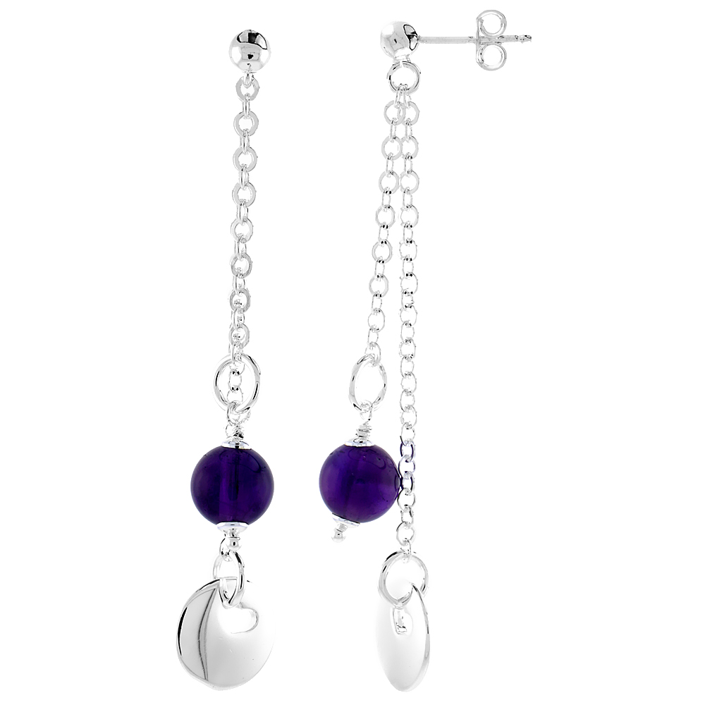 Sterling Silver Heart Cut Out in Round Disc Dangling Earrings, w/ Synthetic Amethyst Bead, 2 7/16" (62 mm) tall