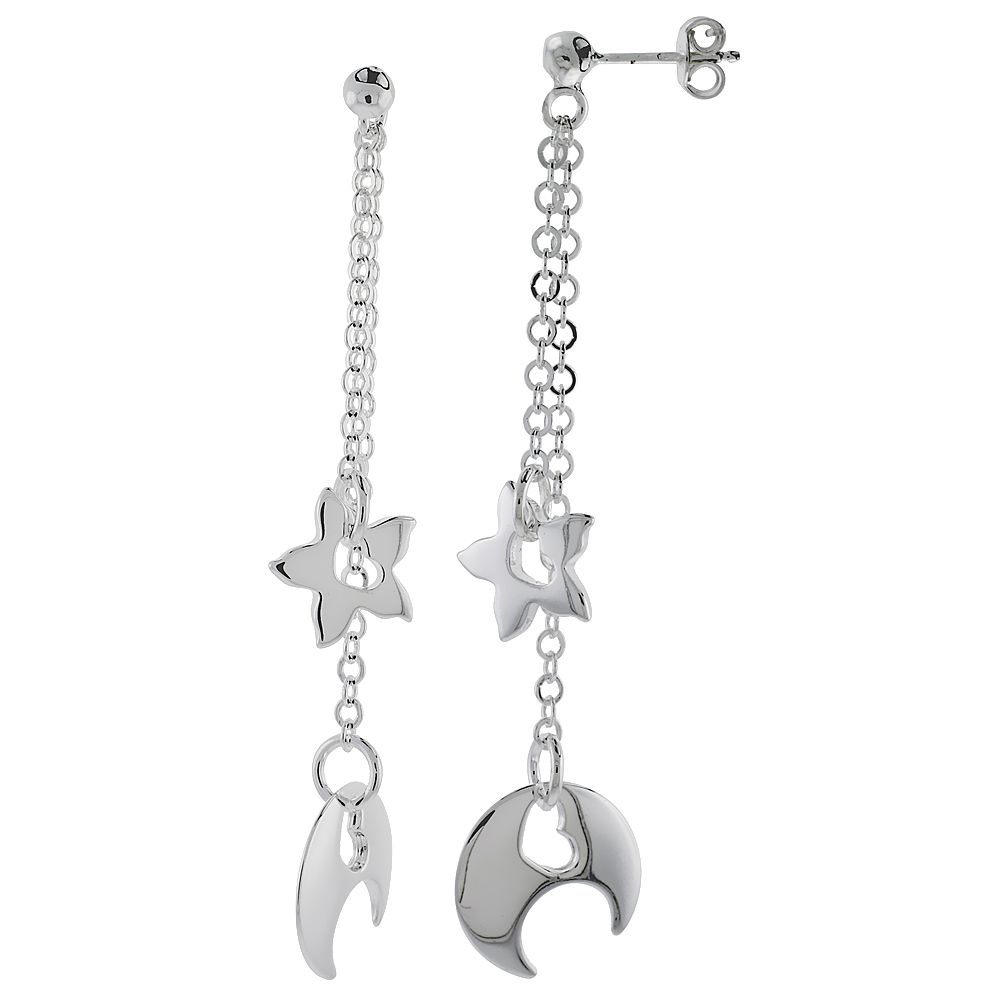 Sterling Silver Heart Cut Outs in Crescent Moon & Star Dangling Earrings, 2" (51 mm) tall