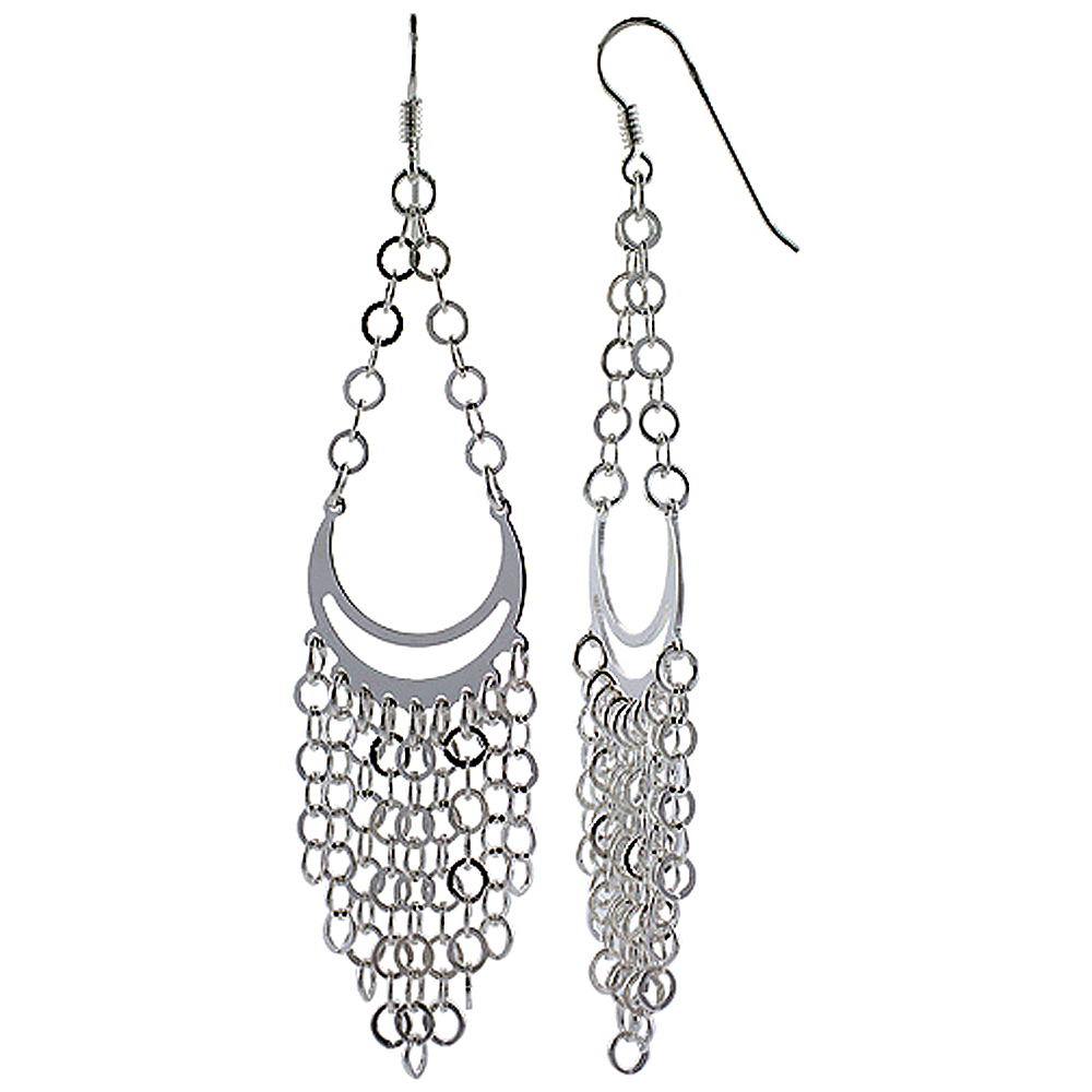 Sterling Silver Pear-shaped Chandelier Fish Hook Dangling Earrings, w/ Rolo-type Chain, 3 1/2&quot; (89 mm) tall