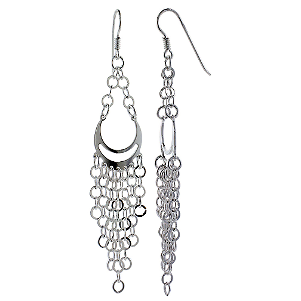 Sterling Silver Pear-shape Chandelier Fish Hook Earrings with Rolo-type Chain Rhodium Finish, 3 1/4 inch long