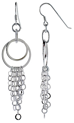 Sterling Silver Double Circle Cut Outs Fish Hook Dangling Earrings, w/ Rolo-type Chain, 3&quot; (76 mm) tall