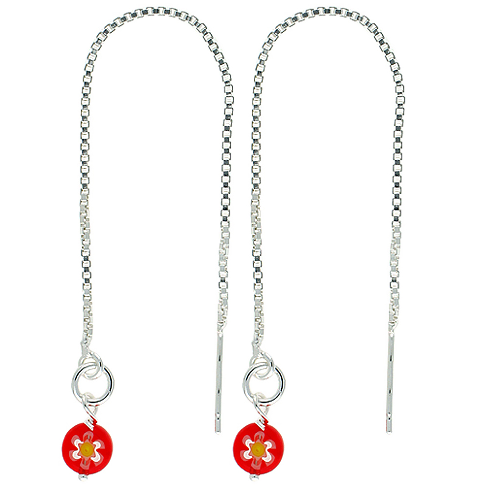 Sterling Silver Dangle Red Venetian Glass Threader Earrings for Women Italy 4 1/2 inch long