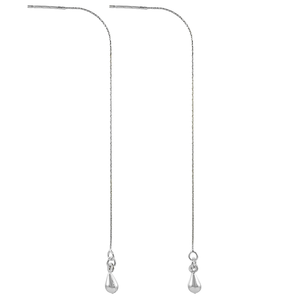 Sterling Silver Dangle Oval Bead Threader Earrings for Women Italy 4 1/2 inch long