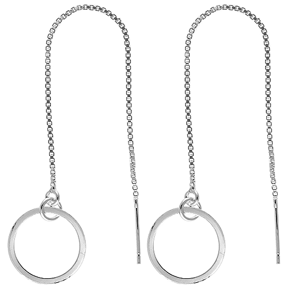 Sterling Silver Dangle Karma Circle Threader Earrings for Women Italy 4 1/2 inch long