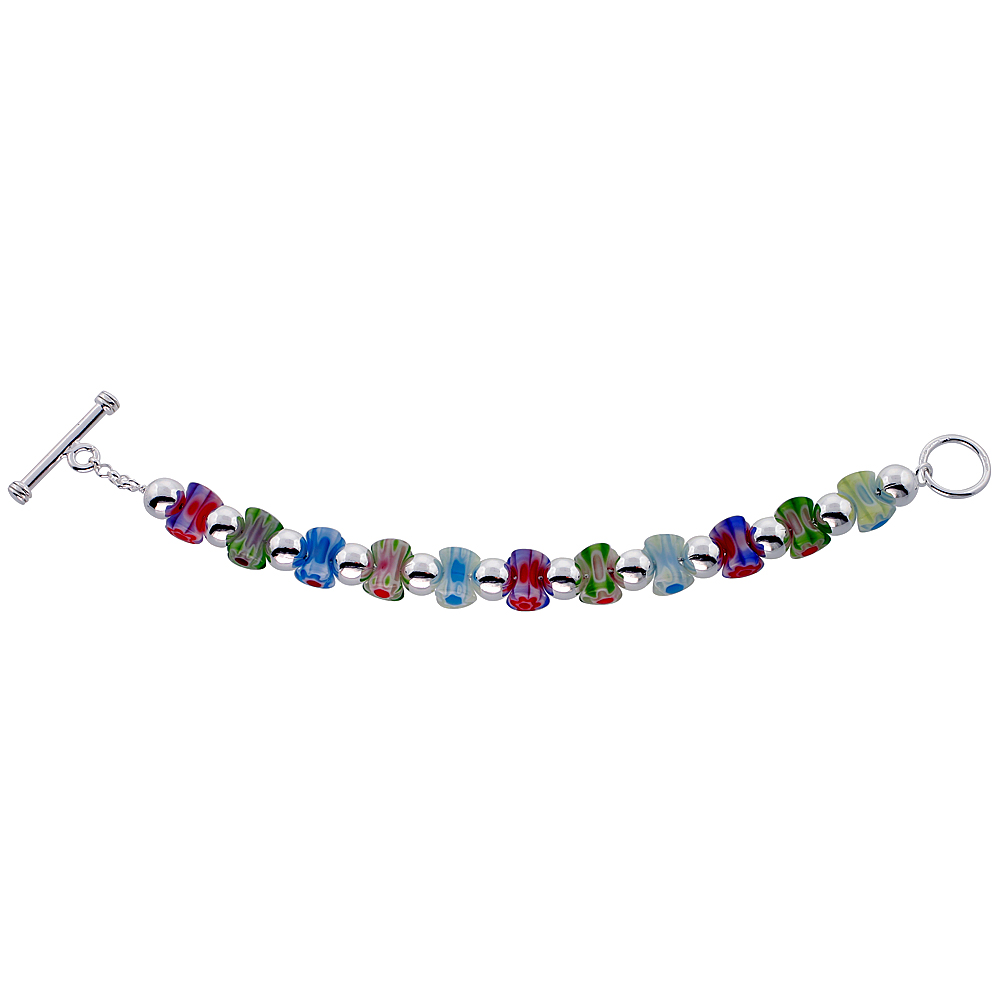Sterling Silver 8 inch Italian Charm Bracelet, w/ Venetian Beads and Toggle Clasp, 7/16" (11 mm) wide