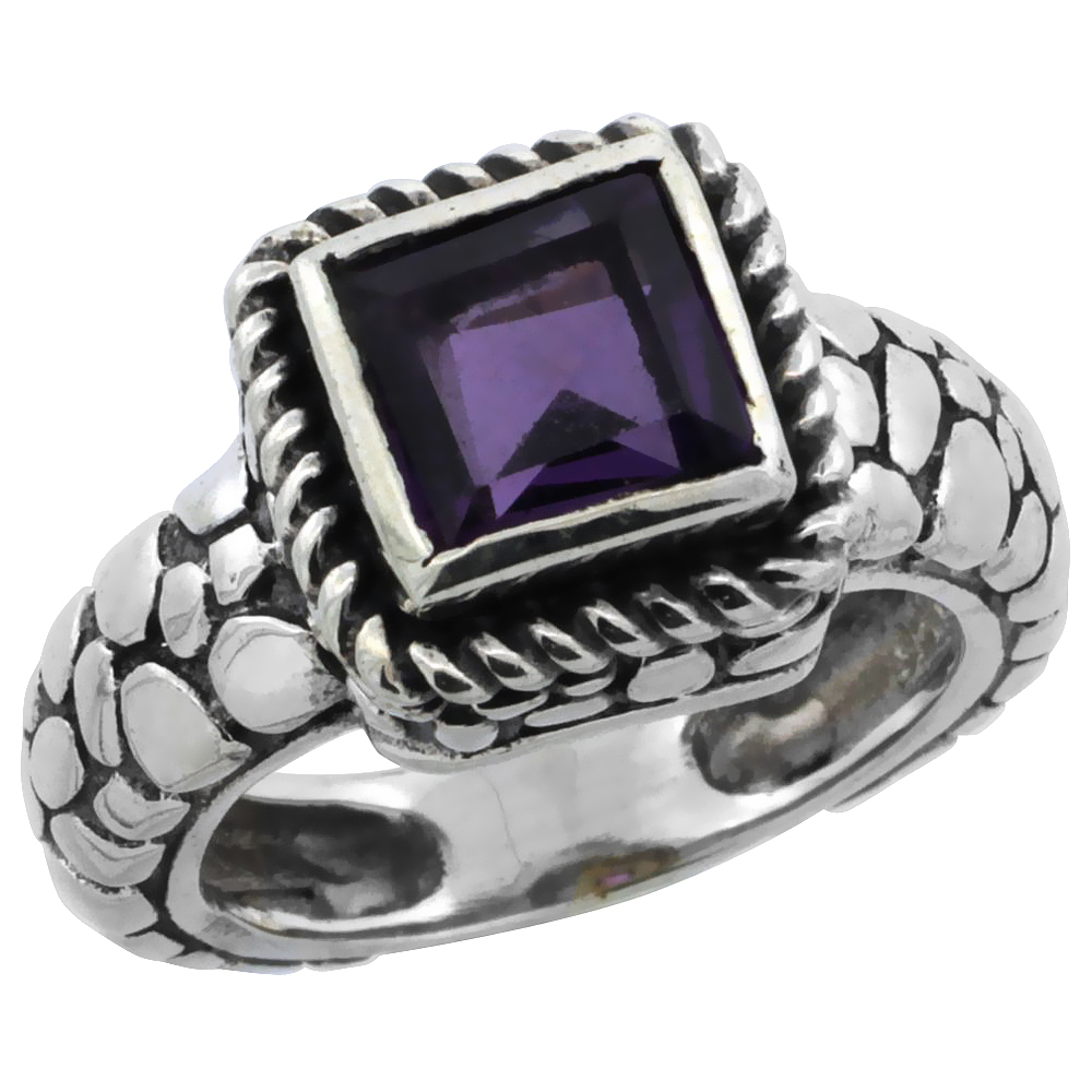 Sterling Silver Bali Inspired Square Ring w/ 6mm Princess Cut Natural Amethyst Stone, 7/16 in. (11 mm) wide