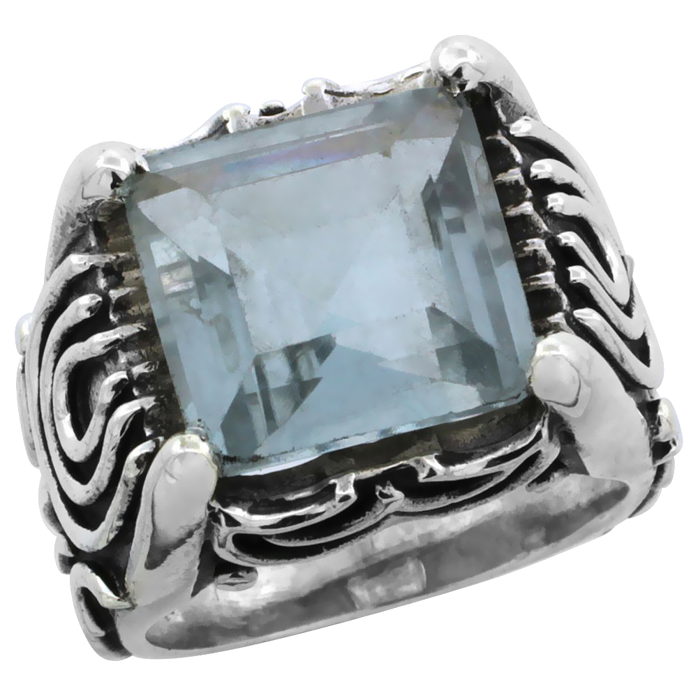 Sterling Silver Bali Inspired Horseshoe Design Square Ring w/ 12mm Princess Cut Natural Blue Topaz Stone, 19/32 in. (15 mm) wide