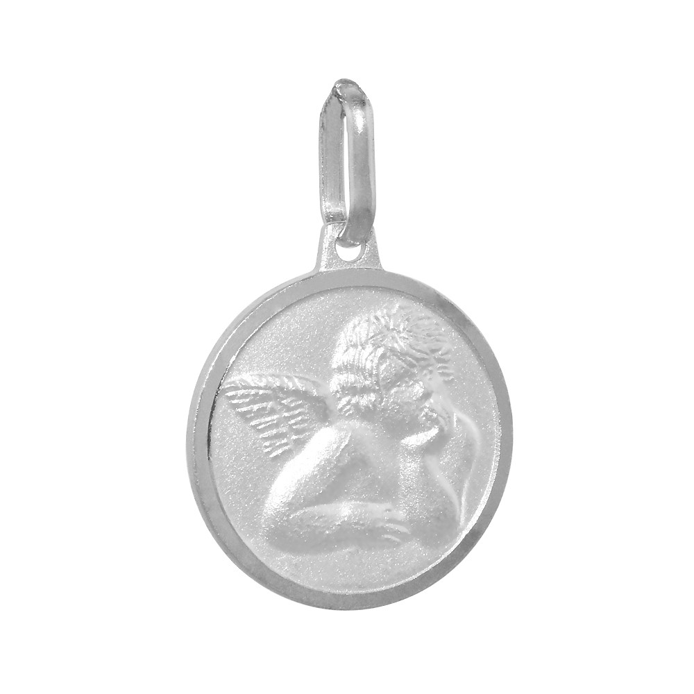 15mm Small Sterling Silver Guardian Angel Medal Necklace 5/8 inch Round Nickel Free Italy with Stainless Steel Chain .