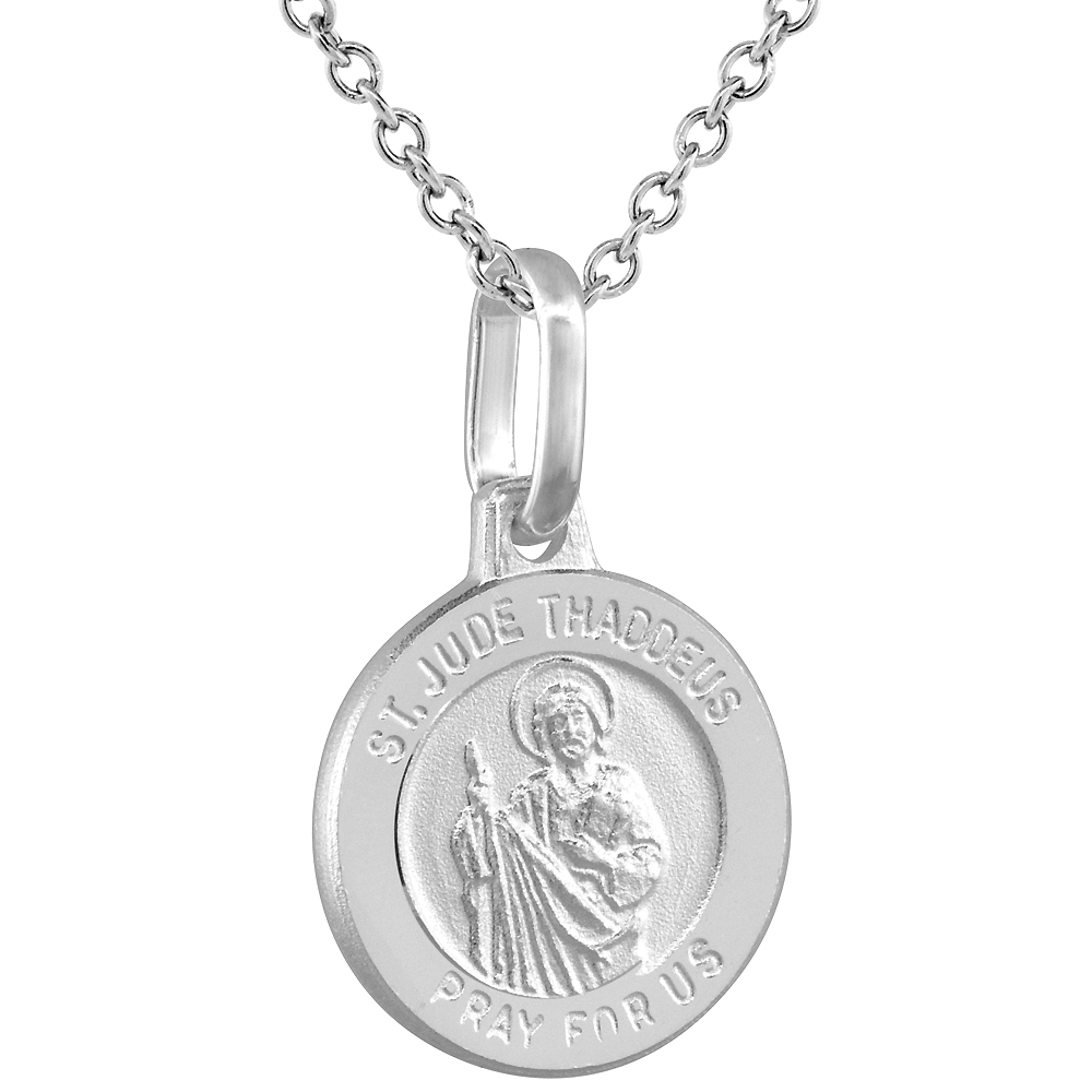 12mm Dainty Sterling Silver St Jude Medal Necklace 1/2 inch Round Nickel Free Italy with Stainless Steel Chain