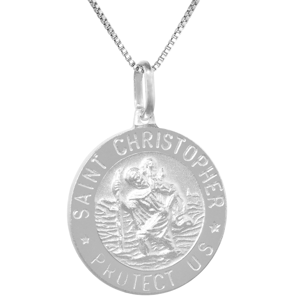 21mm Sterling Silver St Christopher Medal Necklace 7/8 inch Round Nickel Free Italy