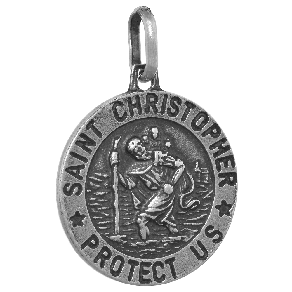 18mm Sterling Silver St Christopher Medal Necklace 11/16 inch Round Antiqued Finish Nickel Free Italy with Stainless Steel Chain