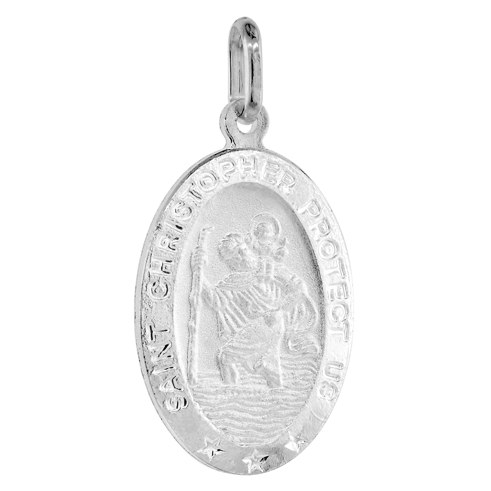 23mm Sterling Silver St Christopher Medal Necklace 7/8 inch Oval Nickel Free Italy with Stainless Steel Chain