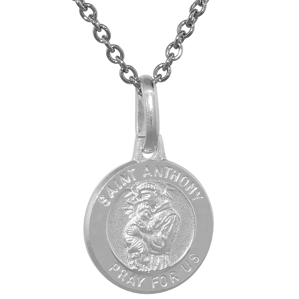 12mm Dainty Sterling Silver St Anthony Medal Necklace 1/2 inch Round Nickel Free Italy with Stainless Steel Chain