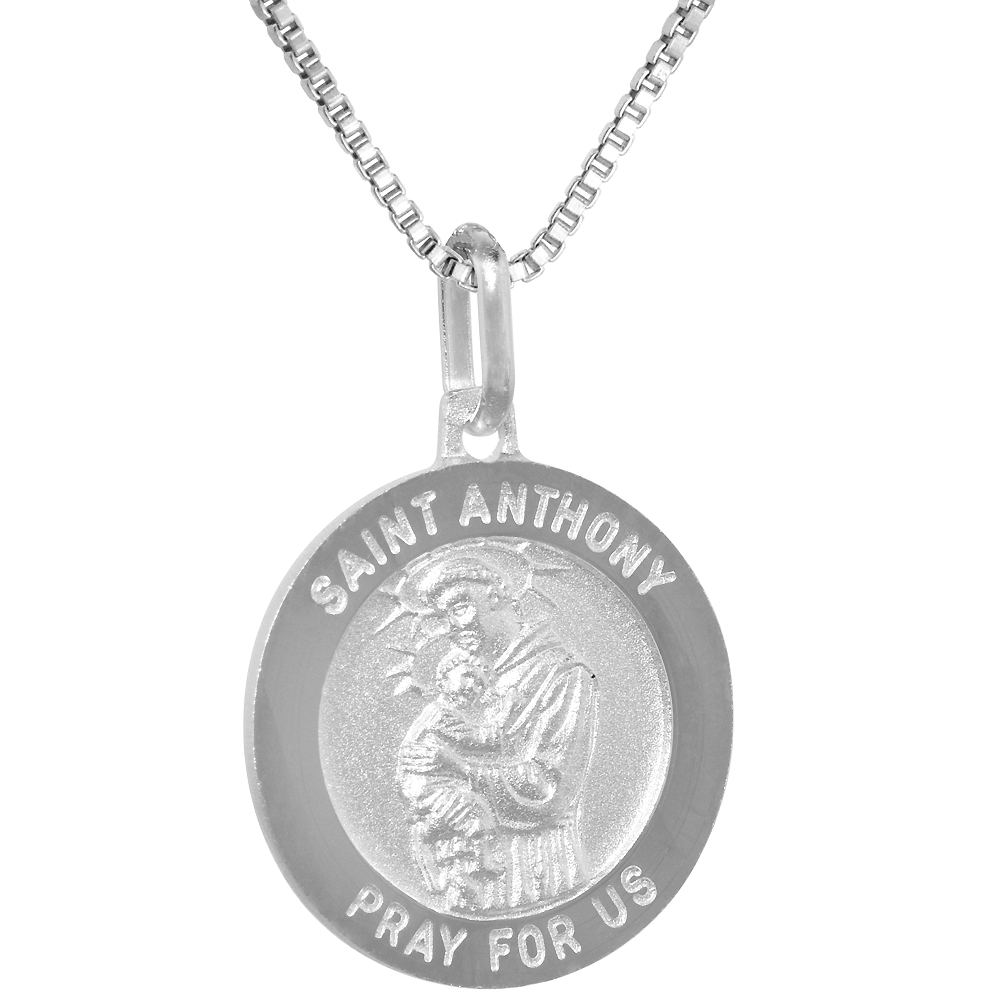 Sterling Silver St Anthony Medal Necklace 3/4 inch Round Italy, 0.8mm Chain