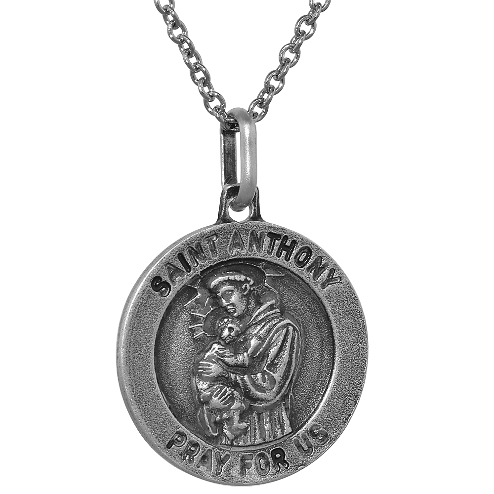 18mm Sterling Silver St Anthony Medal necklace 3/4 inch Round Antiqued Finish Nickel Free Italy with Stainless Steel Chain