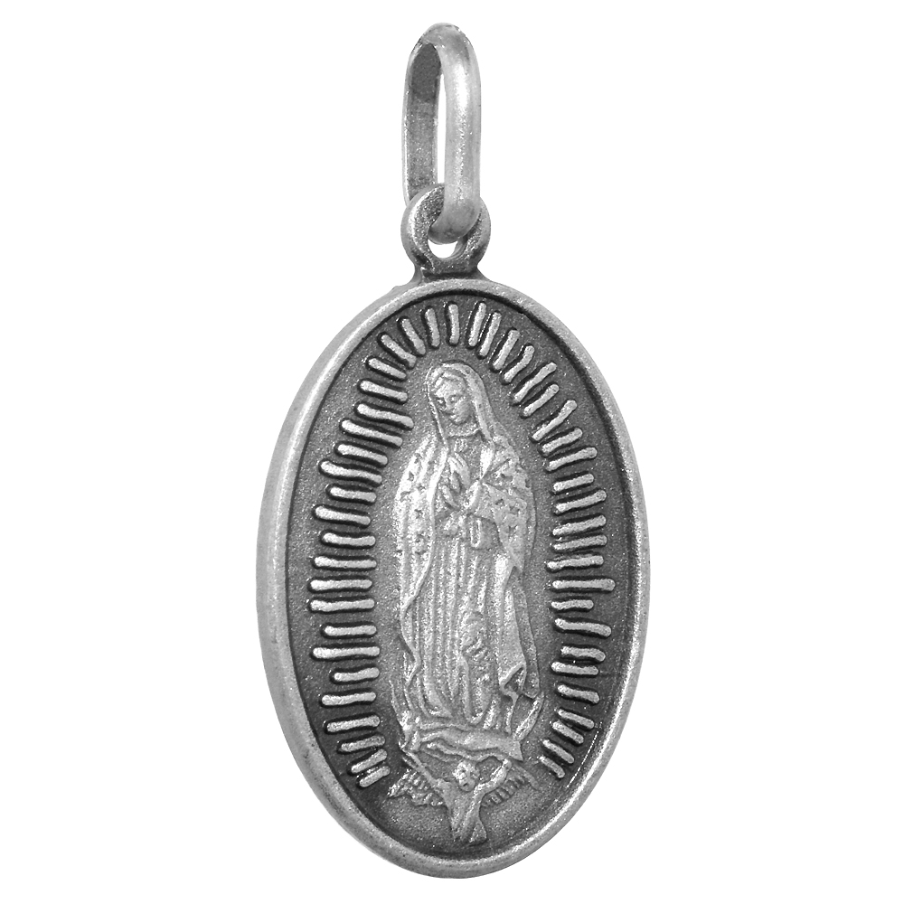 22mm Sterling Silver Guadalupe Medal Necklace 7/8 inch Oval Antiqued Finish Nickel Free Italy with Stainless Steel Chain