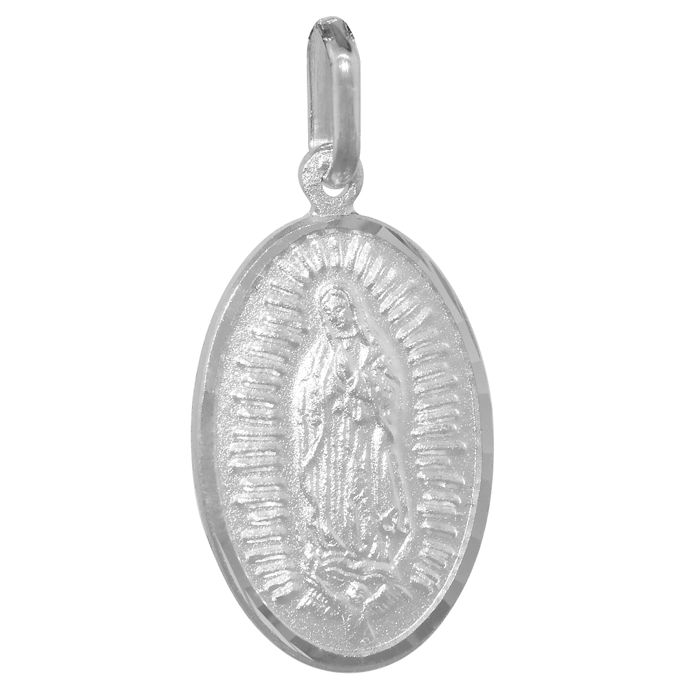 22mm Sterling Silver Guadalupe Medal Necklace 7/8 inch Oval Nickel Free Italy with Stainless Steel Chain