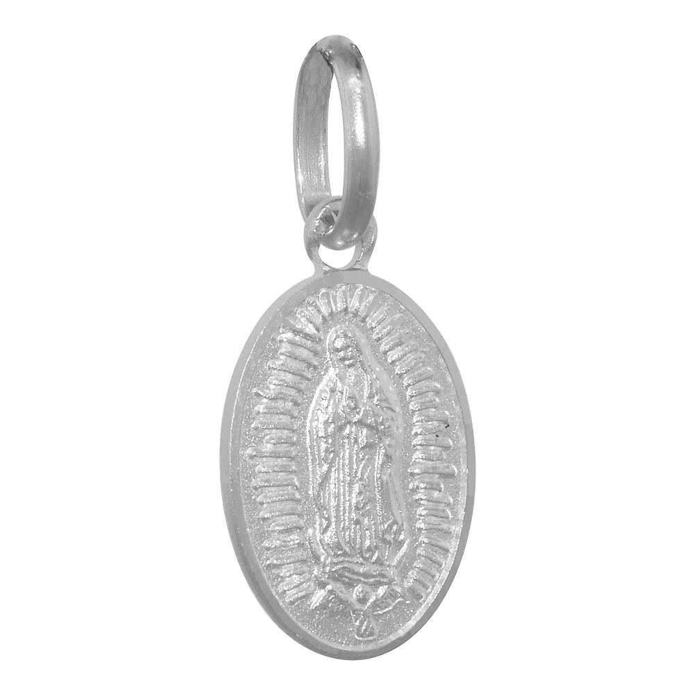 16mm Very Tiny Sterling Silver Guadalupe Medal Necklace 5/8 inch Oval Nickel Free Italy with Stainless Steel Chain