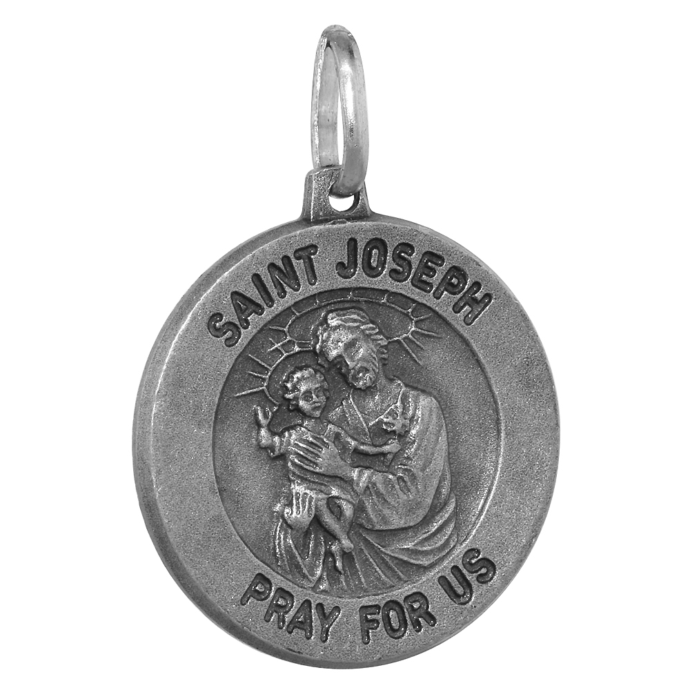 18mm Sterling Silver St Joseph Medal Necklace 3/4 inch Round Antiqued Finish Nickel Free Italy with Stainless Steel Chain