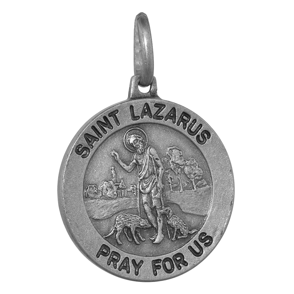 18mm Sterling Silver St Lazarus Medal Necklace 3/4 inch Round Antiqued Finish Nickel Free Italy