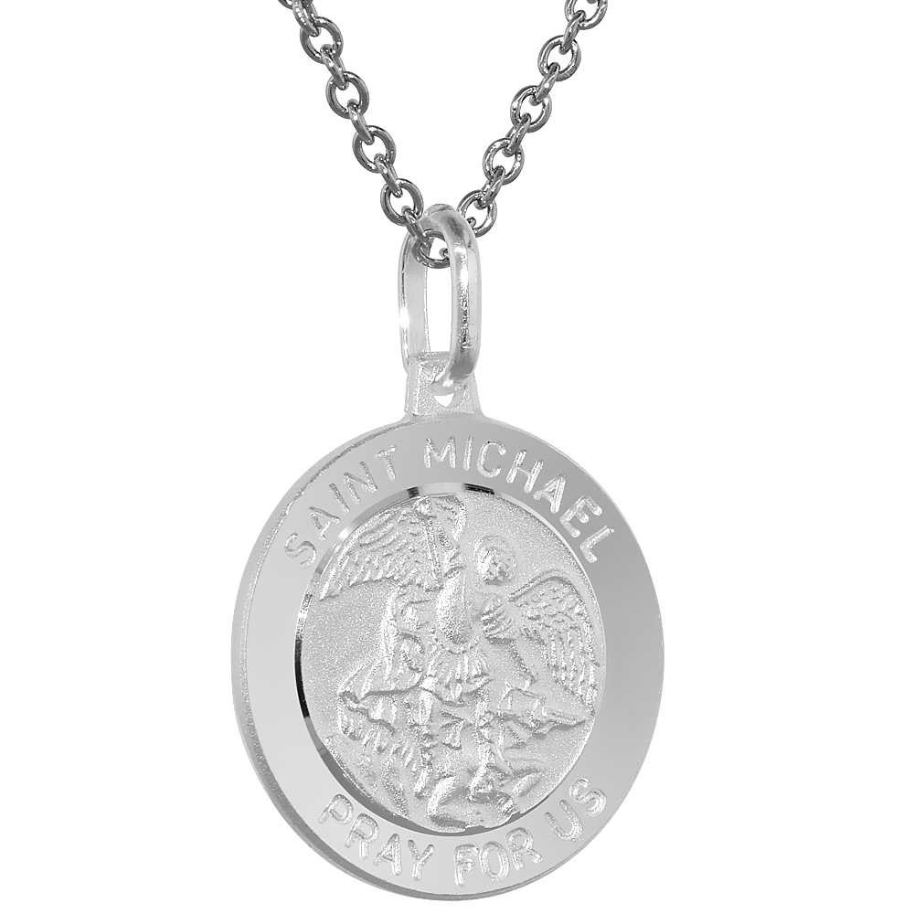 18mm Sterling Silver St Michael Medal Necklace 3/4 inch Round Nickel Free Italy with Stainless Steel Chain