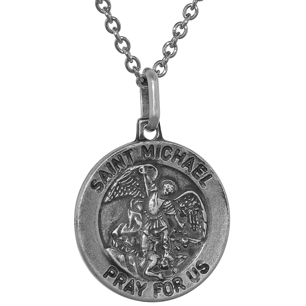 18mm Sterling Silver St Michael Medal Necklace 3/4 inch Round Antiqued Finish Nickel Free Italy with Stainless Steel Chain