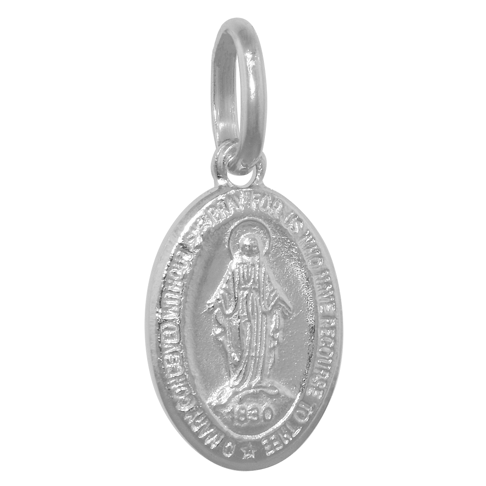 16mm Dainty Sterling Silver Miraculous Medal Necklace Oval Virgin Mary Italy 5/8 inch