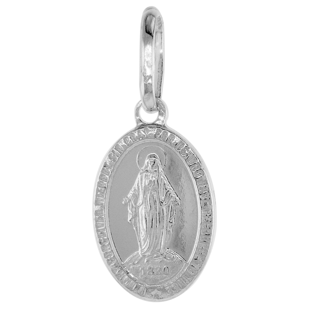 15mm Very Tiny Sterling Silver Miraculous Medal Necklace Oval Virgin Mary Italy with Stainless Steel Chain 1/2 inch