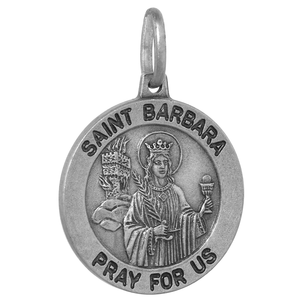 18mm Sterling Silver St Barbara Medal Necklace 3/4 inch Round Antiqued Finish Nickel Free Italy with Stainless Steel Chain
