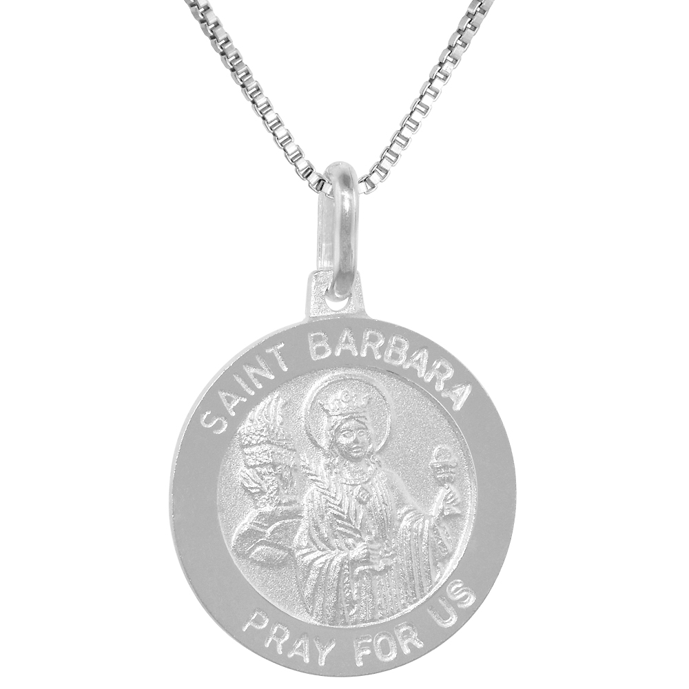 Sterling Silver St Barbara Medal Necklace 3/4 inch Round Italy 0.8mm Chain 