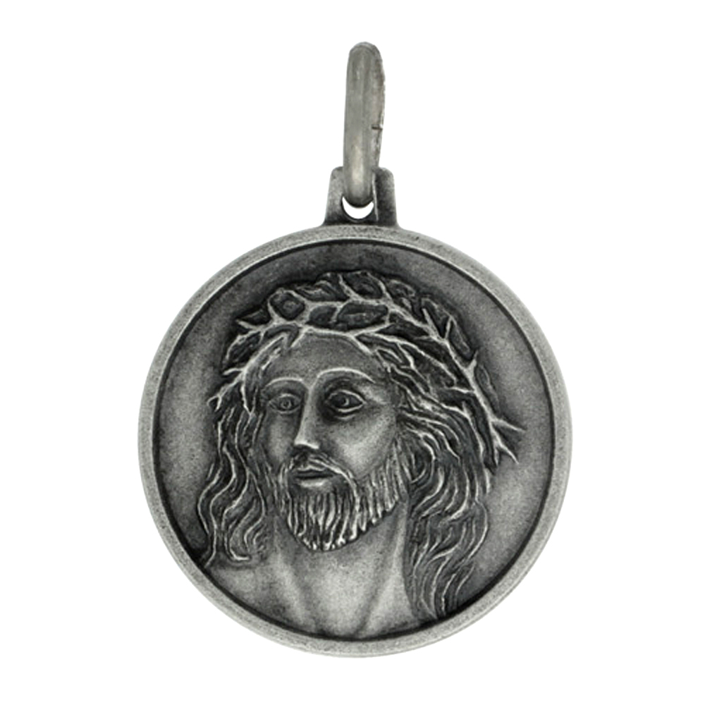 18mm Sterling Silver Jesus Crown of Thorns Medal Necklace 3/4 inch Round Antiqued Finish Nickel Free Italy with Stainless Steel Chain