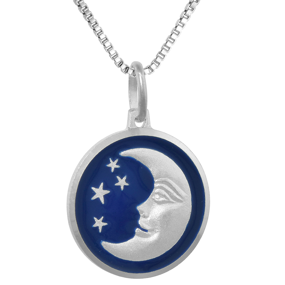 Sterling Silver Moon &amp; Star Necklace Round Blue Enamel Italy 3/4 inch