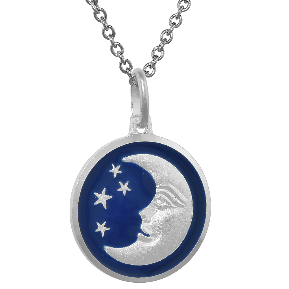 Sterling Silver Moon & Star Necklace Round Blue Enamel 3/4 inch Italy
