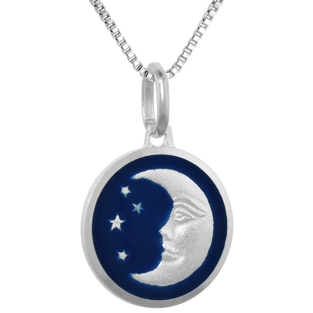 Sterling Silver Moon &amp; Star Necklace Round Blue Enamel Italy 5/8 inch