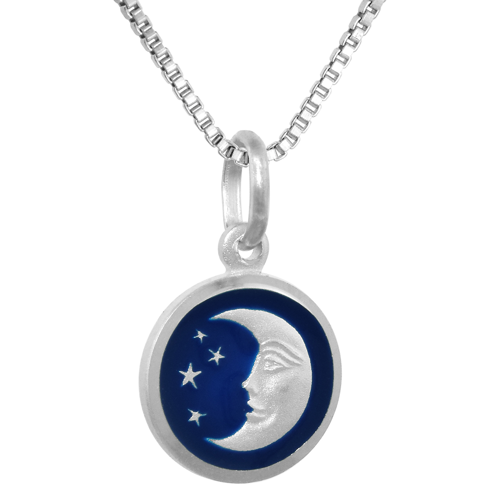 Sterling Silver Moon &amp; Star Necklace Round Blue Enamel Italy 1/2 inch