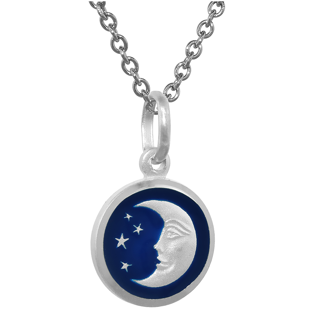 Sterling Silver Moon & Star Necklace Round Blue Enamel with 24 inch Surgical Steel Chain Italy 1/2 inch