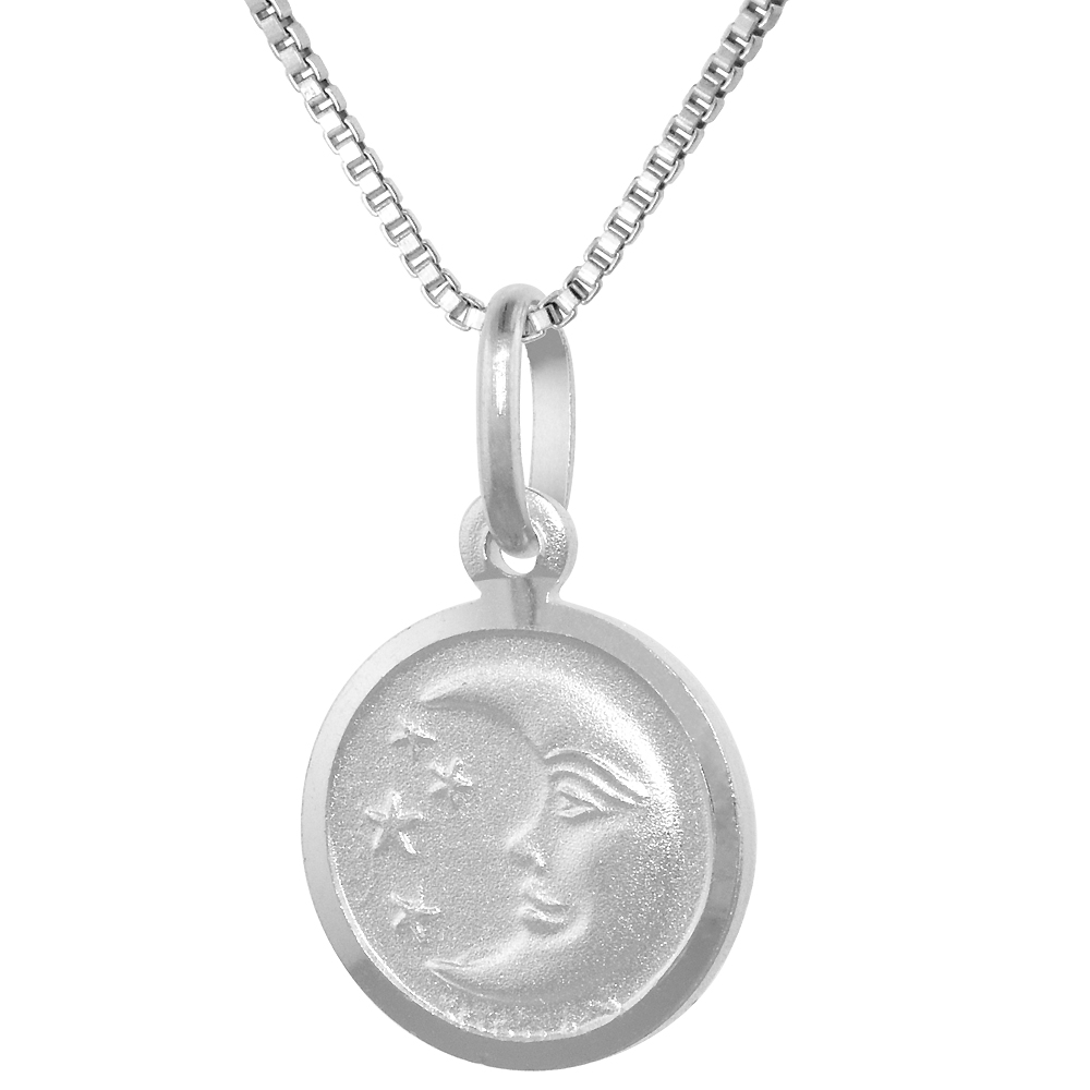 Sterling Silver Moon &amp; Star Necklace Round Italy 1/2 inch