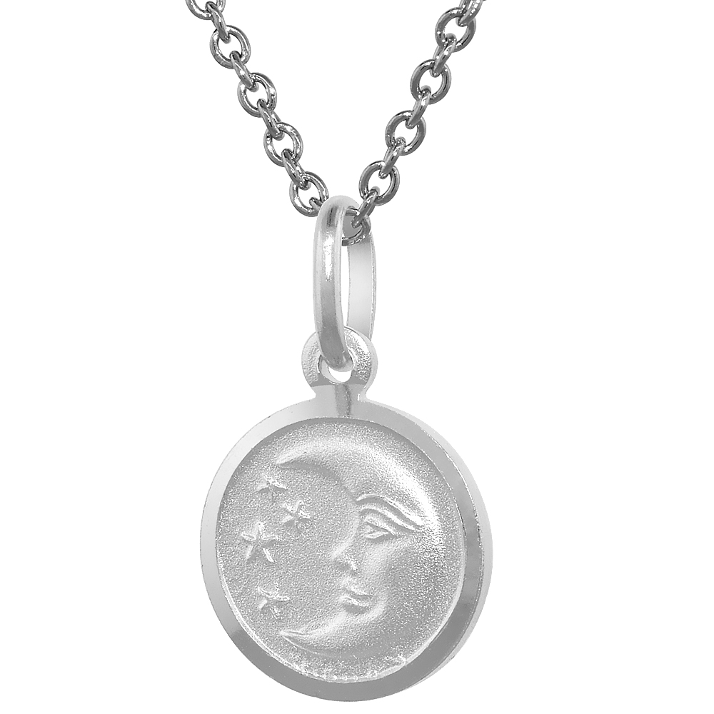 Sterling Silver Moon & Star Necklace Round with 24 inch Surgical Steel Chain Italy 1/2 inch