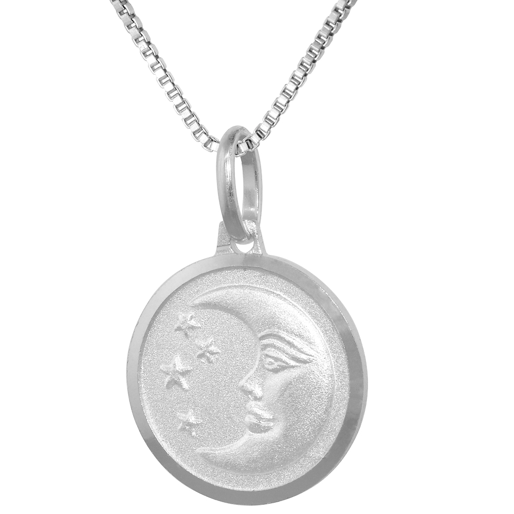 Sterling Silver Moon &amp; Star Necklace Round Italy 5/8 inch