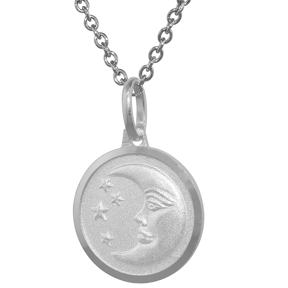 Sterling Silver Moon &amp; Star Necklace Round with 24 inch Surgical Steel Chain Italy 5/8 inch