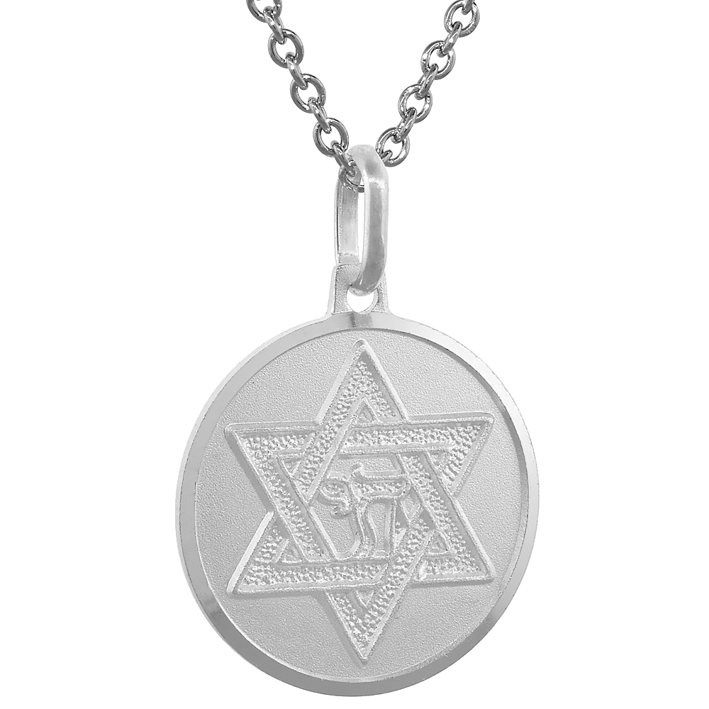 Sterling Silver Star of David Medal Necklace 3/4 inch Round Italy
