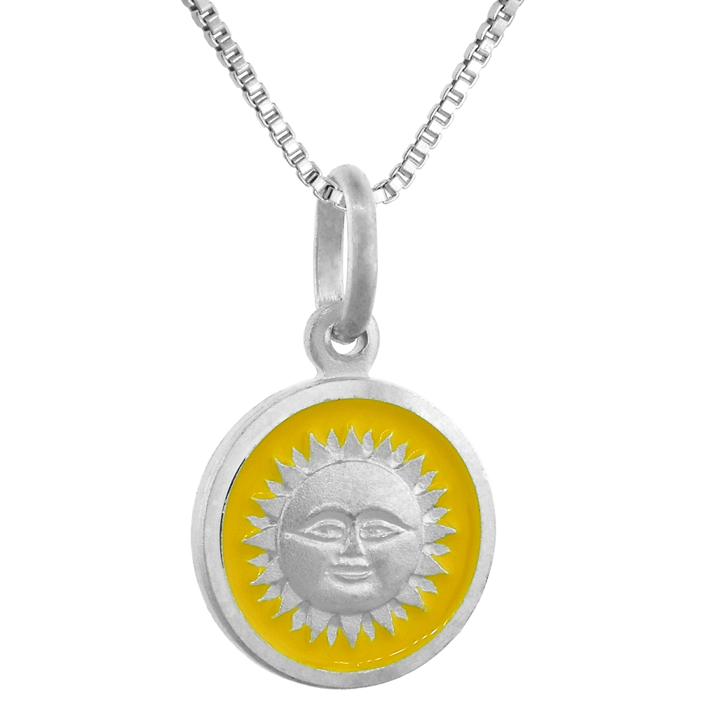 Sterling Silver Sun Medal Necklace Round Yellow Enameled Italy 1/2 inch