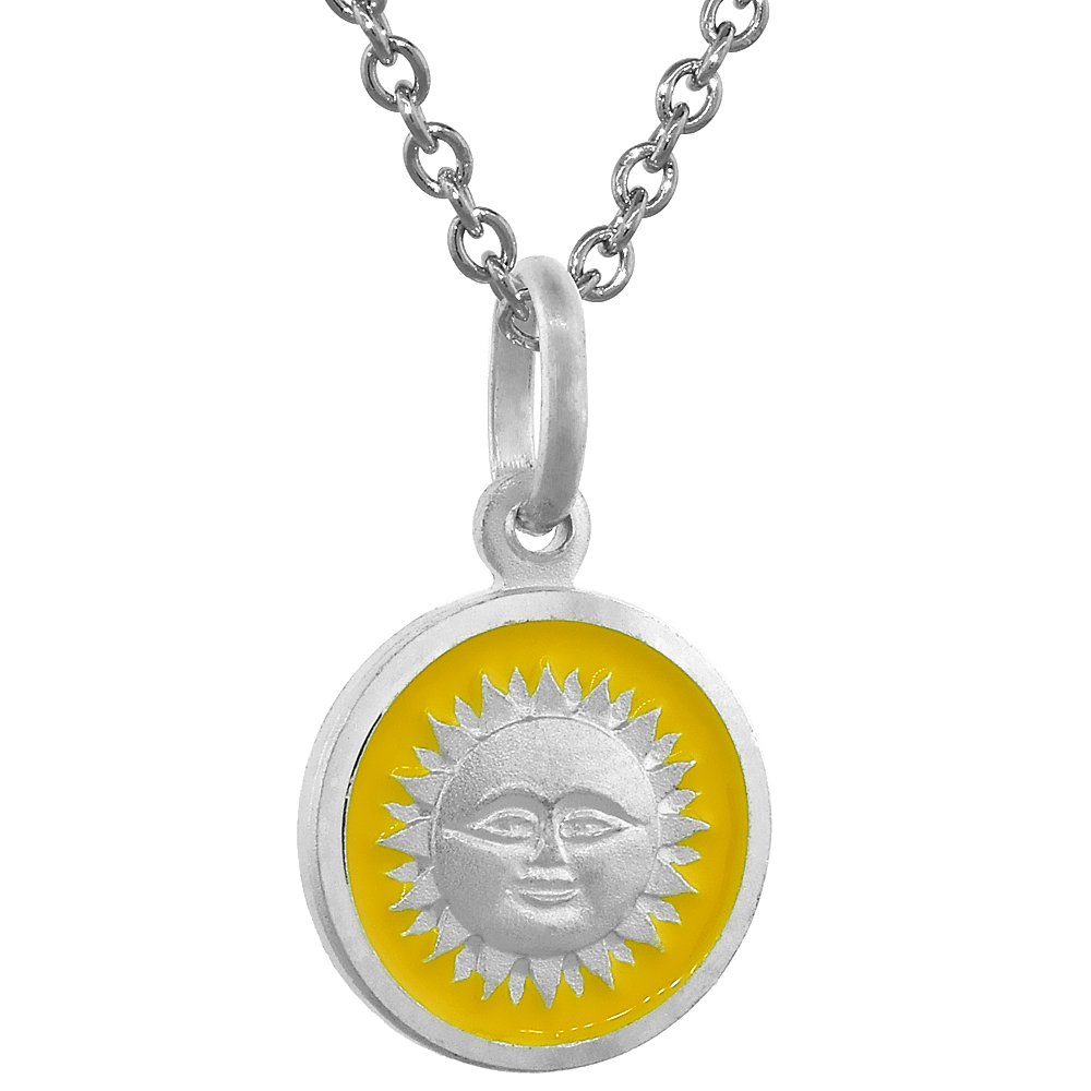 Sterling Silver Sun Medal Necklace Round Yellow Enameled with 24 inch Surgical Steel Chain Italy 1/2 inch