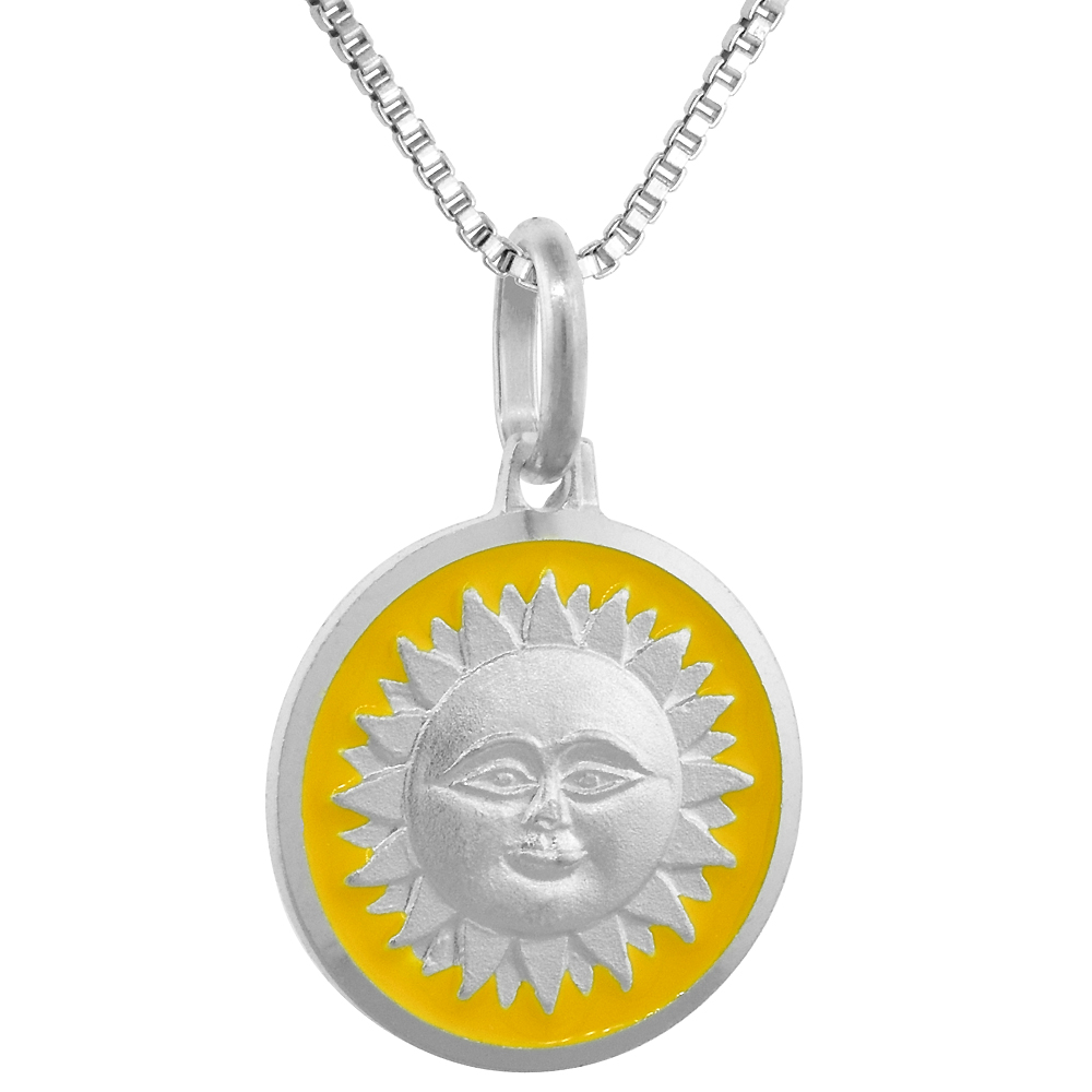 Sterling Silver Sun Medal Necklace Round Yellow Enameled Italy 5/8 inch