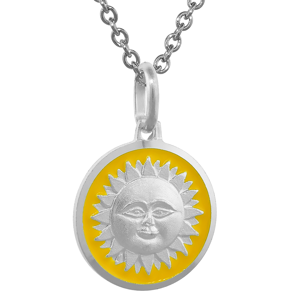 Sterling Silver Sun Medal Necklace Round Yellow Enameled with 24 inch Surgical Steel Chain Italy 5/8 inch