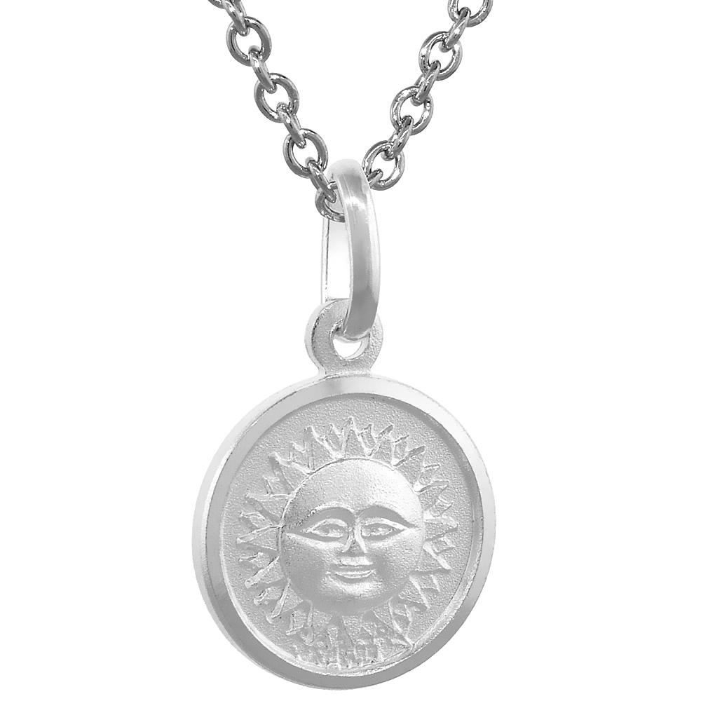 Sterling Silver Sun Necklace Round with 24 inch Surgical Steel Chain Italy 1/2 inch