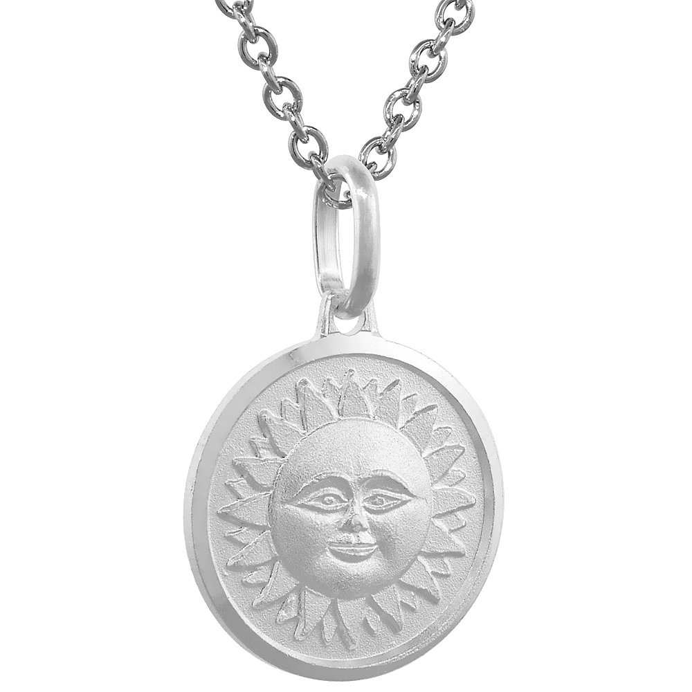 Sterling Silver Smiling Sun Necklace Round with 24 inch Surgical Steel Chain Italy 5/8 inch