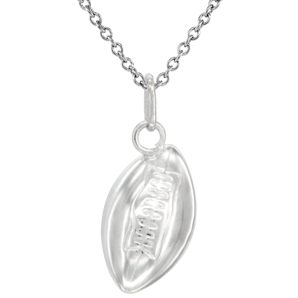 Sterling Silver Football Necklace 3-D Hollow with 24 inch Surgical Steel Chain Italy, 7/8 inch,
