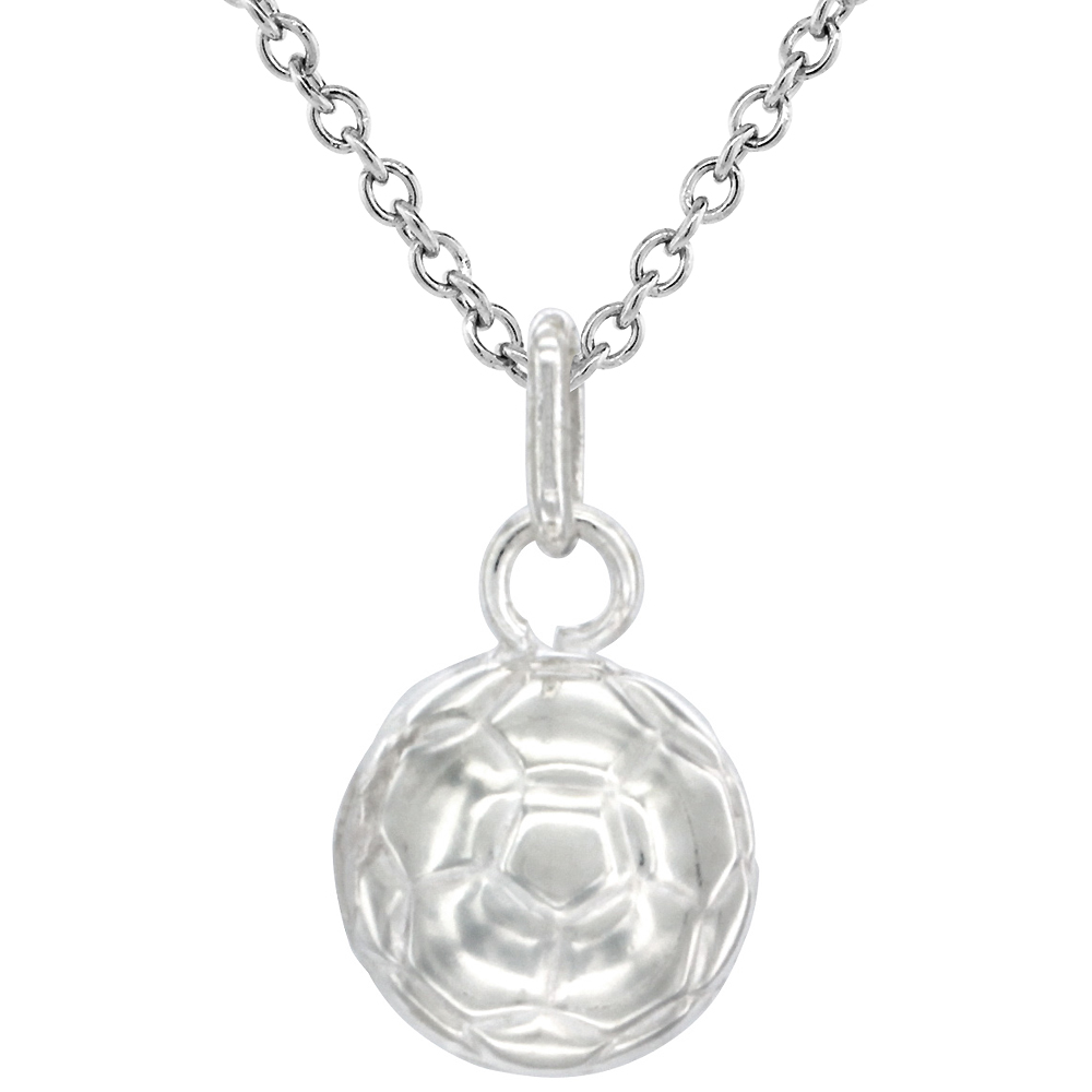 Sterling Silver Soccer Ball Necklace 3-D Hollow with 24 inch Surgical Steel Chain Italy, 1/2 inch,