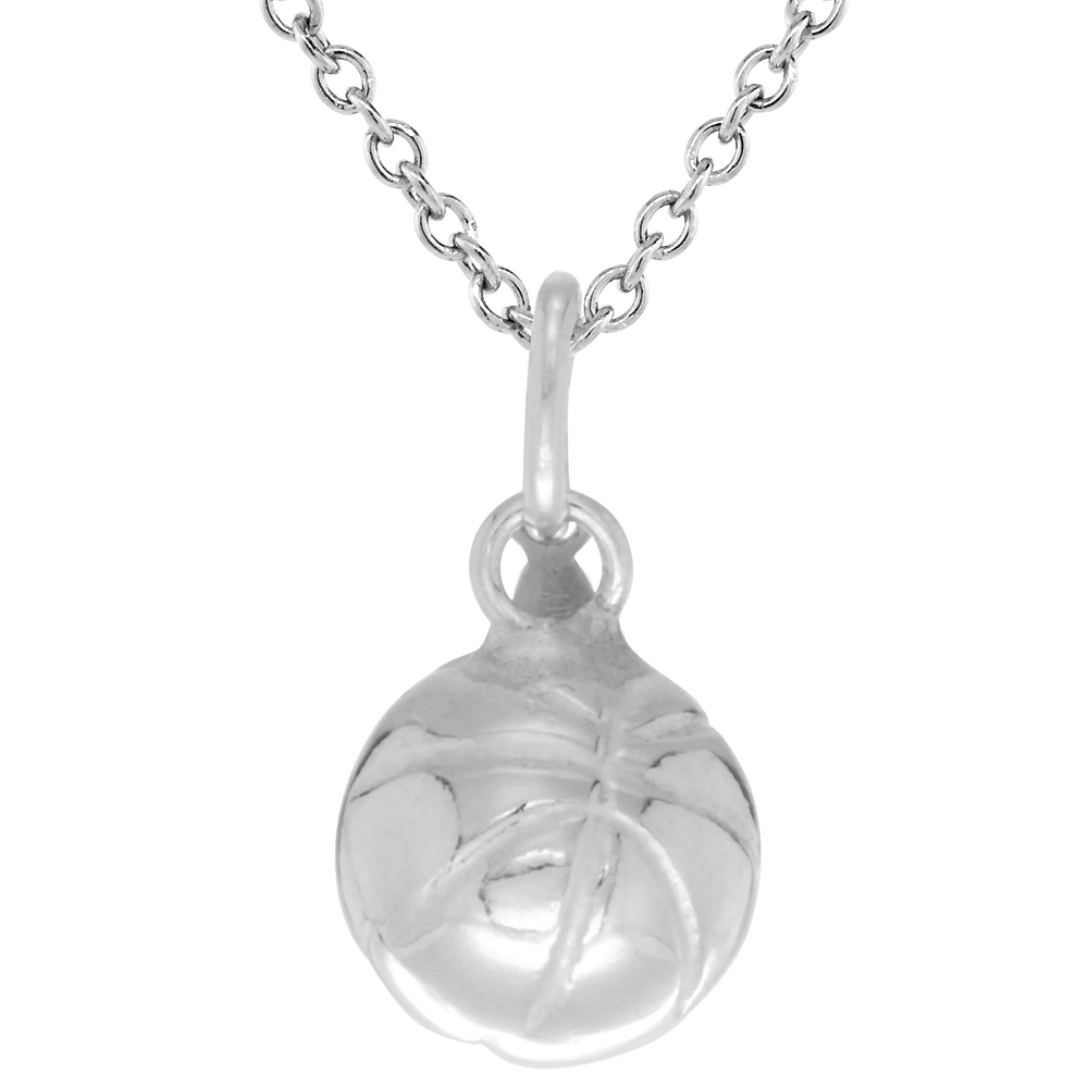 Sterling Silver Basketball Necklace 3-D Hollow with 24 inch Surgical Steel Chain Italy, 1/2 inch,